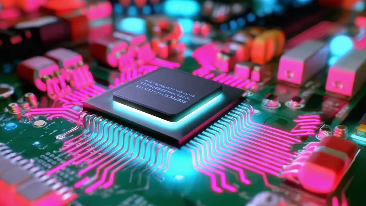 Exploring the Intricacies of a High-Tech Microprocessor on a Circuit Board Lit by Colorful LEDs: A Detailed Glimpse into Modern Electronics and Circuitry Design Aesthetics