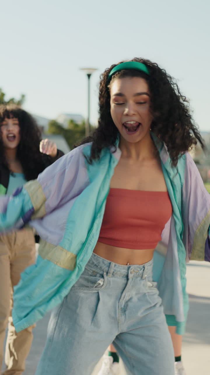 Woman, dancing and friends with happiness