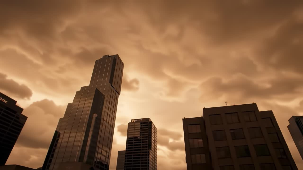 A stunning view captures the city skyline surrounded by tall buildings as dramatic clouds create an intense atmosphere at sunset. Light breaks through the thick clouds, enhancing the urban scene.
