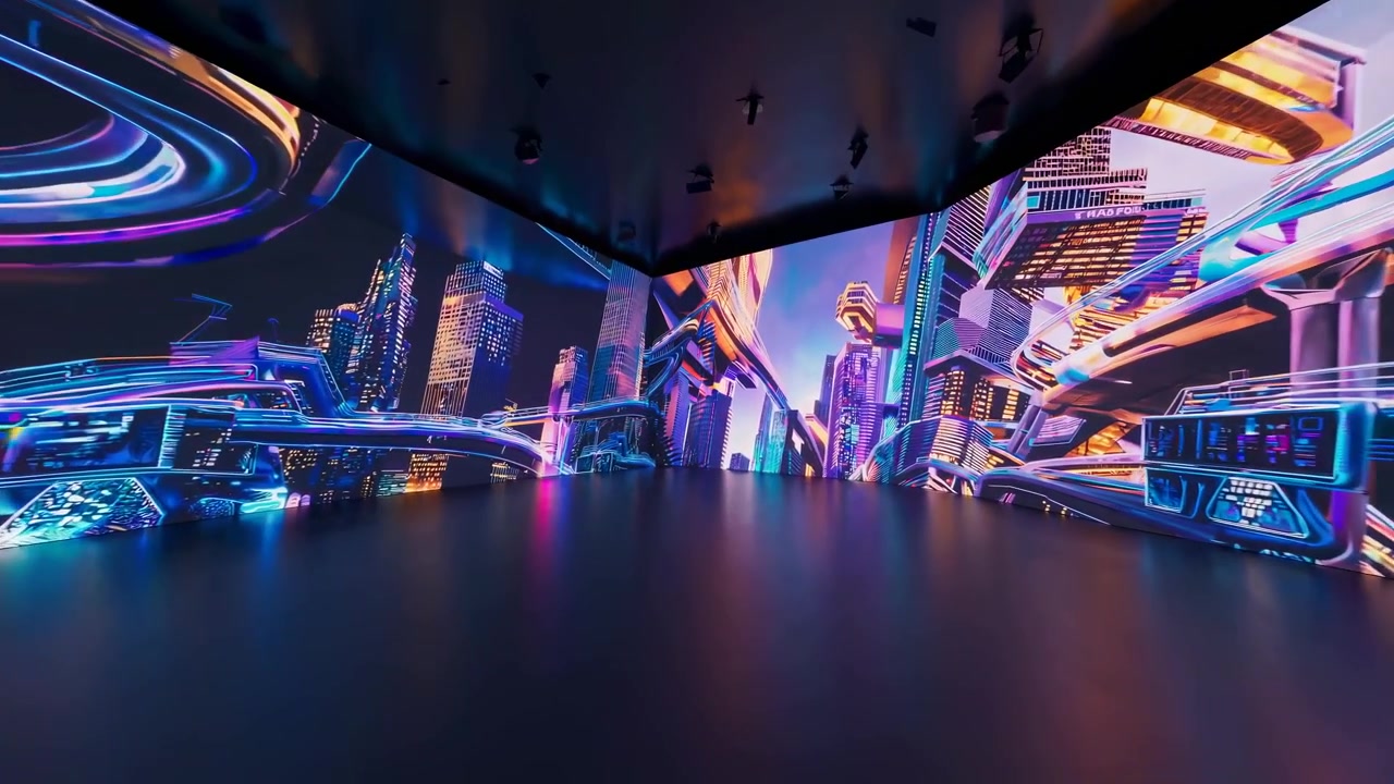 Pemandangan Kota Cyberpunk yang Dinamis Diproyeksikan di Studio Virtual Imersif