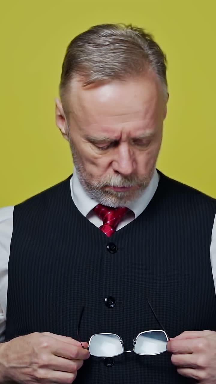 Senior man in elegant clothing holds glasses. Elderly man with grey beard wipes his glasses on the yellow background. Vertical video