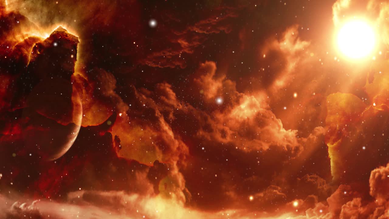 una nube de nebulosa roja y rayos brillantes de una estrella a su alrededor