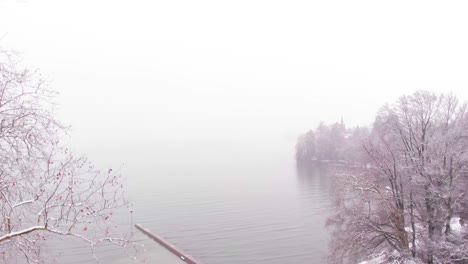 Misty Winter Lake Scene with Snowy Trees and Pier