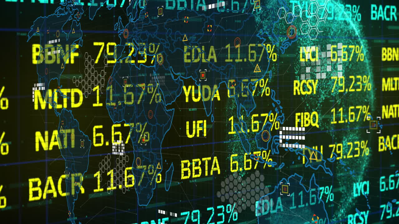 animación del procesamiento de datos y el mercado de valores sobre el mapa del mundo y el globo terrestre en fondo negro.