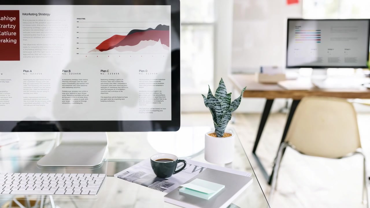 Scrivania da ufficio moderna con computer che visualizza dati di strategia di marketing