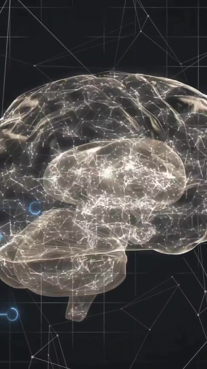 Animazione di cervello umano ed elaborazione dati su sfondo scuro