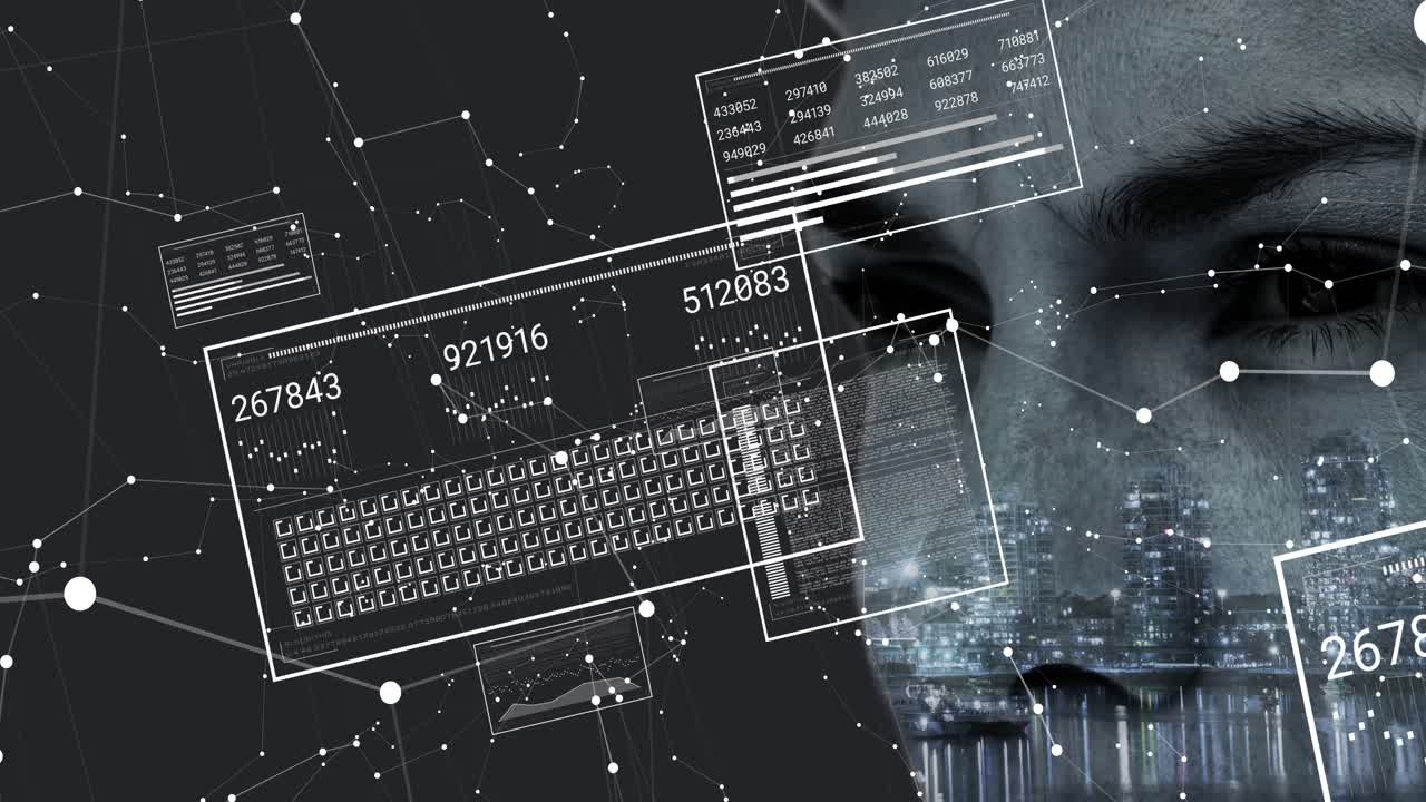 Close-up person gazing and activating UI panels over face, keys, data readouts for cyber analysis