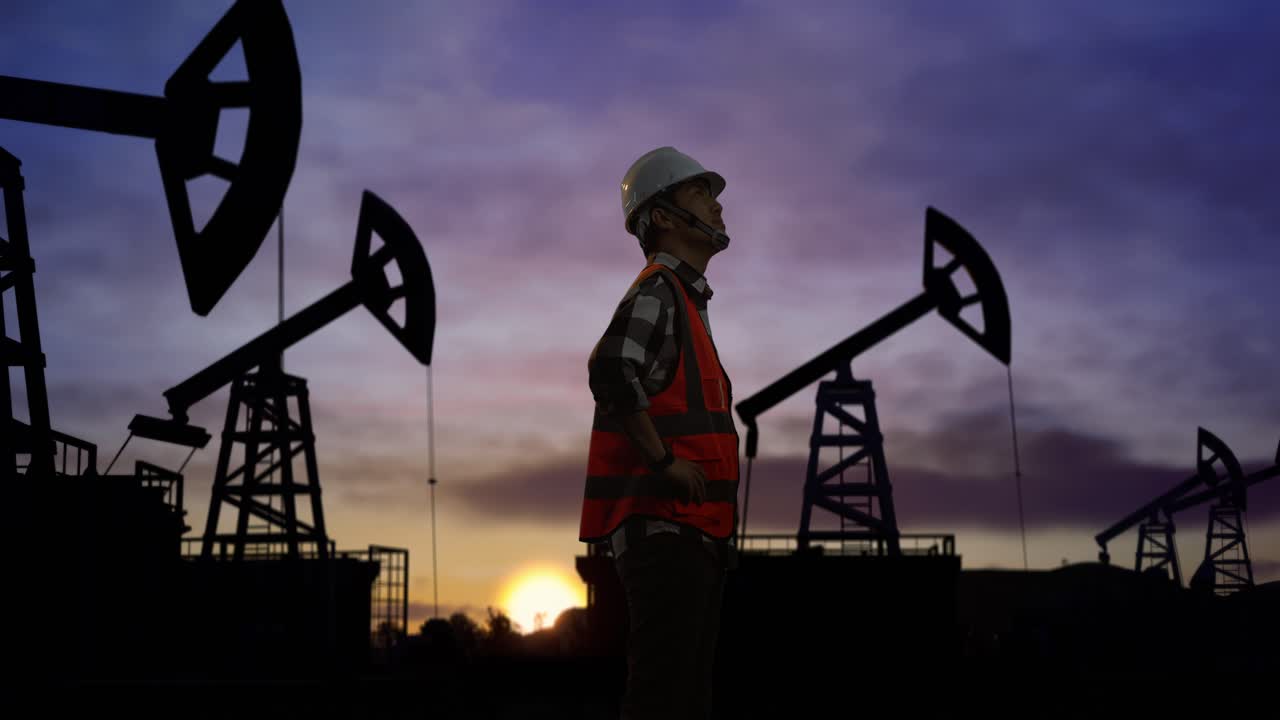 vista lateral de un ingeniero masculino asiático con casco de seguridad mirando a su alrededor mientras está de pie con los brazos akimbo frente a las bombas de petróleo, durante la puesta o salida del sol