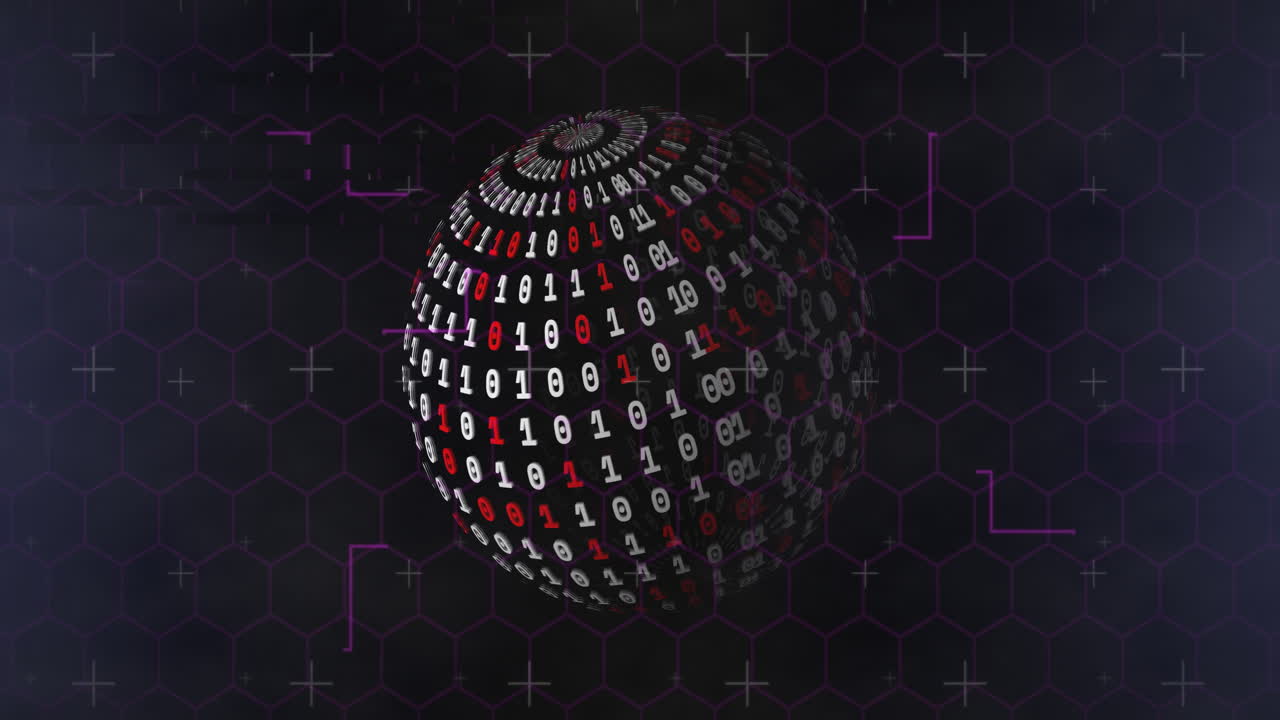 Animation of globe of binary coding over shapes