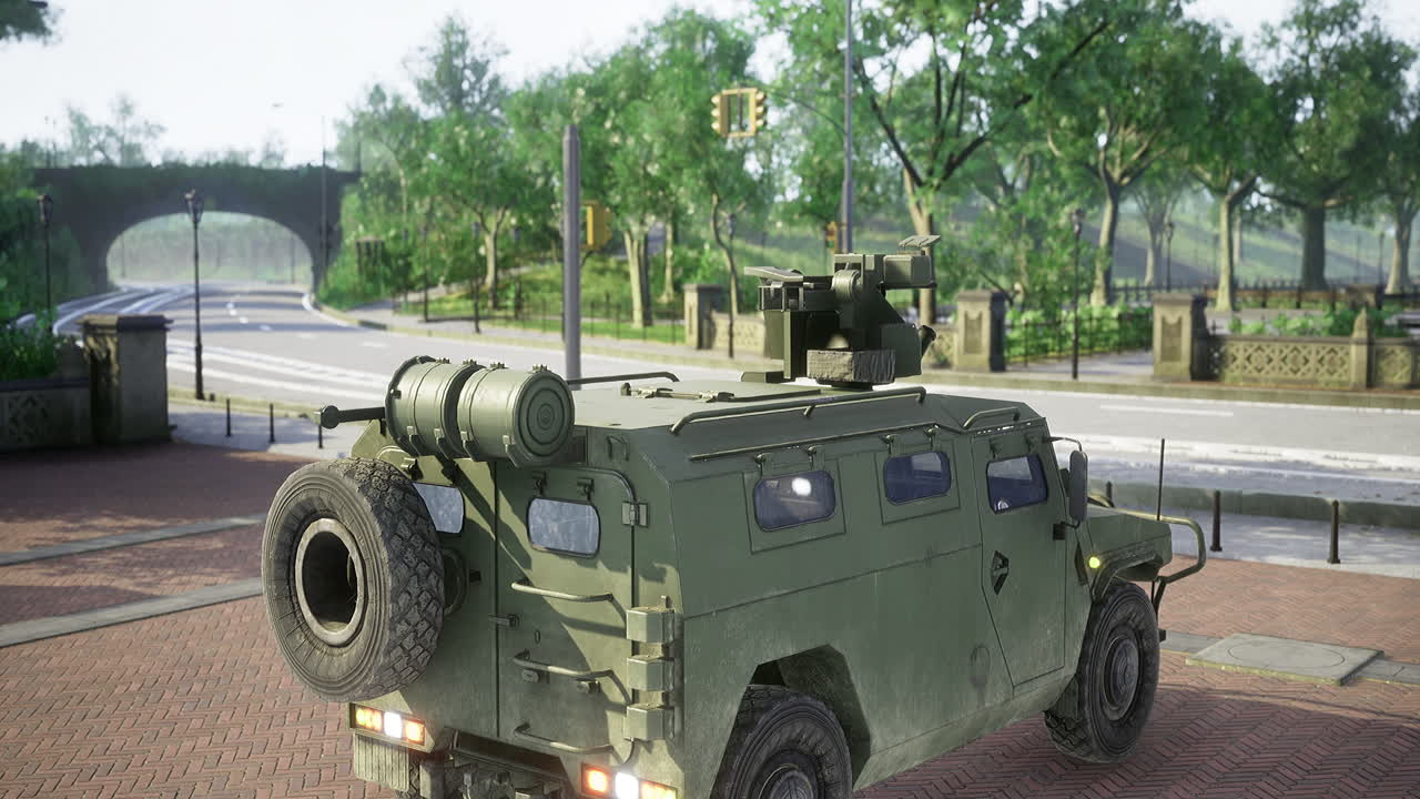 Military vehicle parked on a quiet street in a lush urban setting
