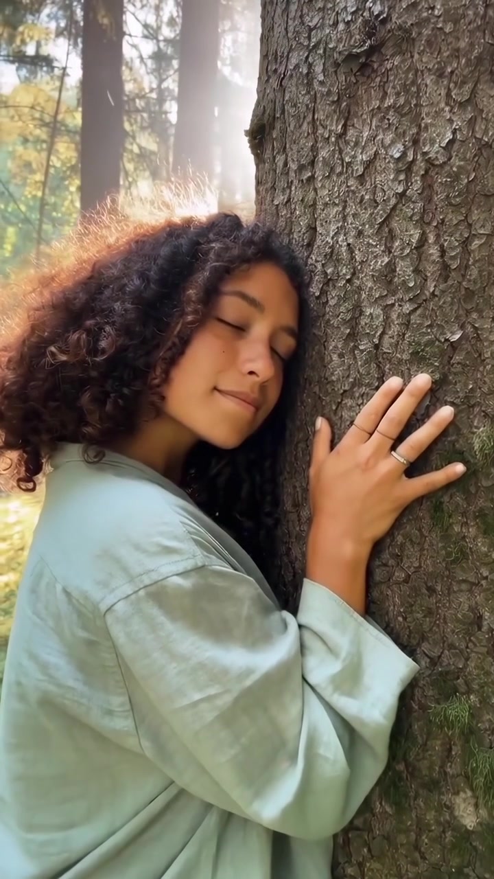 Giovane donna che abbraccia un albero in una foresta illuminata dal sole
