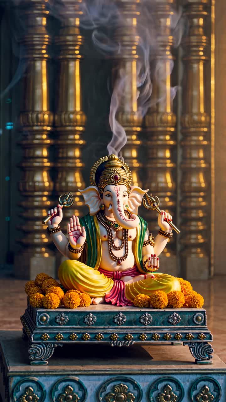 A low-angle video captures a colorful Ganesha statue on a decorated platform