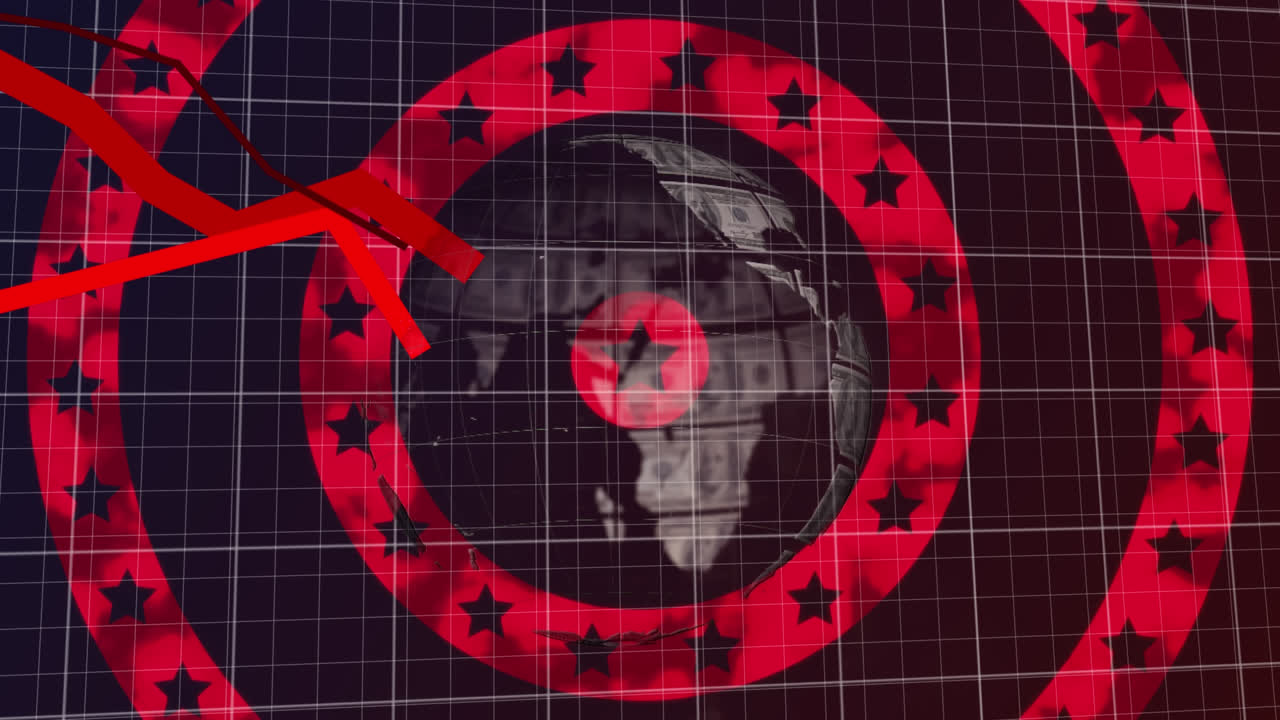 globo hecho de dólar estadounidense girando contra las estrellas en círculos rojos giratorios