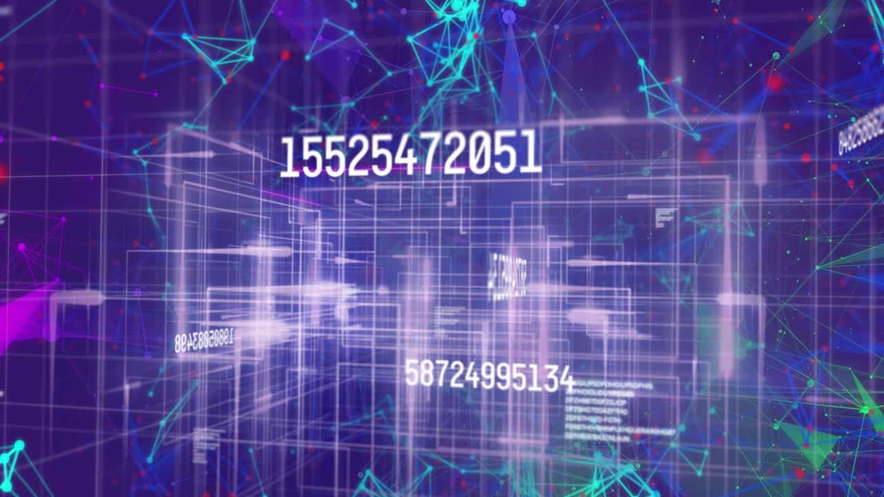 Animation of numbers and data processing on blue background