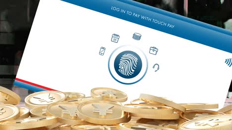 animation of gold yen coins over screen with touch pay and wifi icon