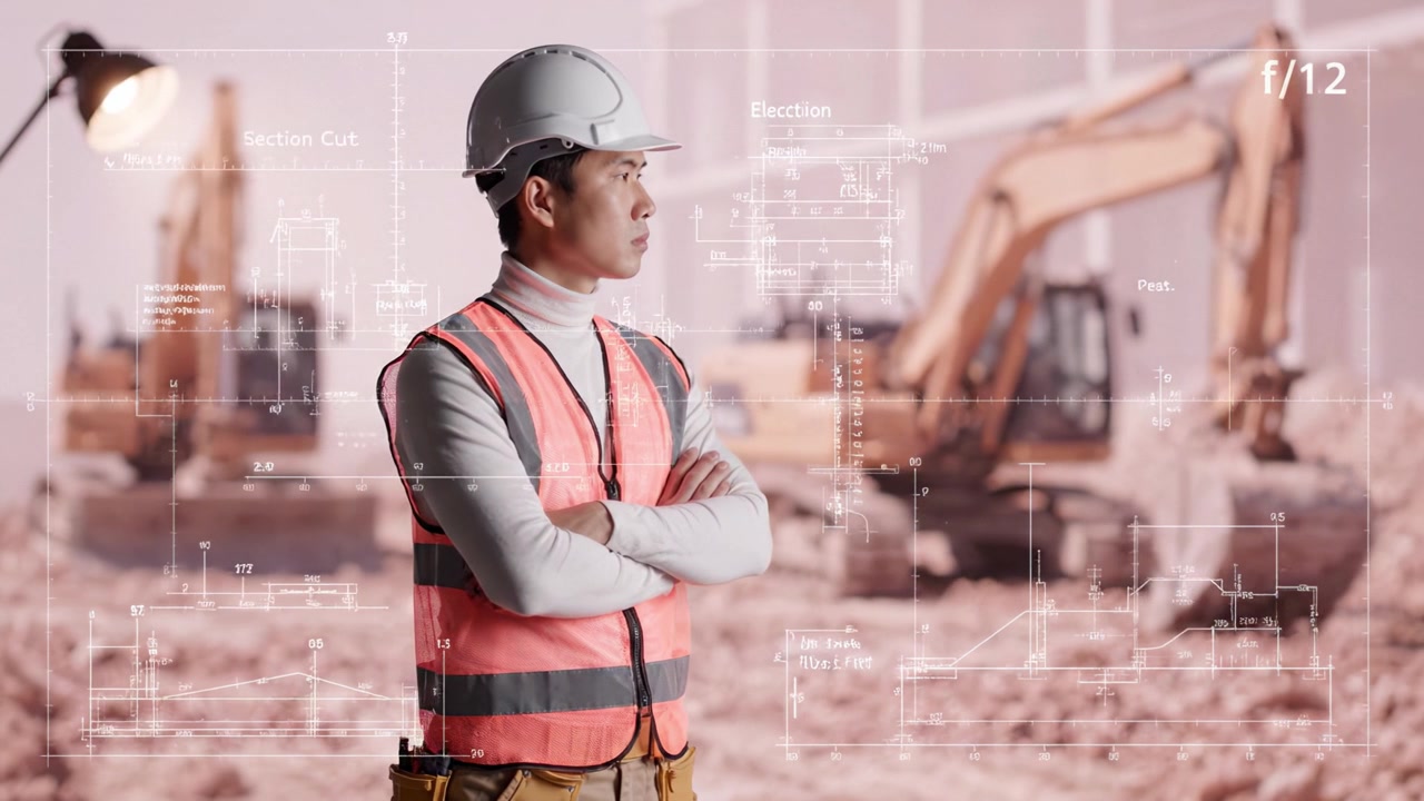 Personel Konstruksi dengan Perlengkapan Keselamatan Mengawasi Peralatan di Lokasi Proyek di Tengah Kemajuan Pekerjaan di Lingkungan Perkotaan Dinamis Selama Pelaksanaan Proyek