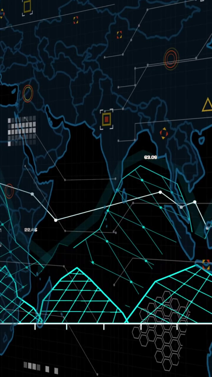 Animation of financial data processing over world map on black background