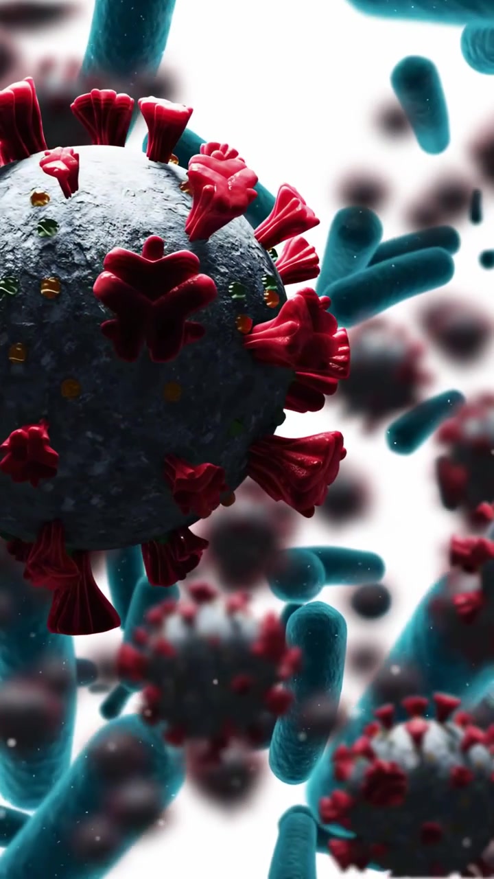 Video verticale: Telecamera che si sposta, sfera di virus che ruota mentre bastoncini ciano fluttuano, mostrando punte rosse per lo studio.