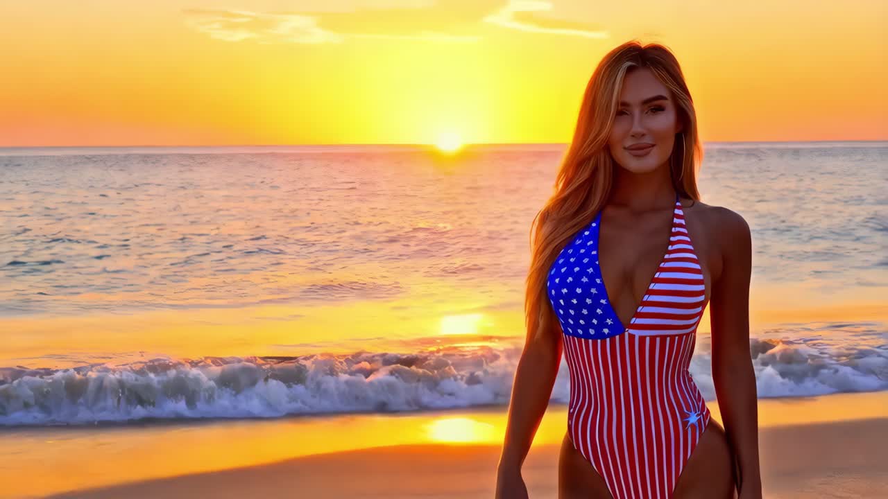 Donna con costume da bagno con bandiera americana in spiaggia al tramonto