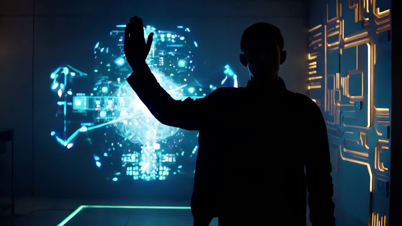 Person interacting with a futuristic projection display