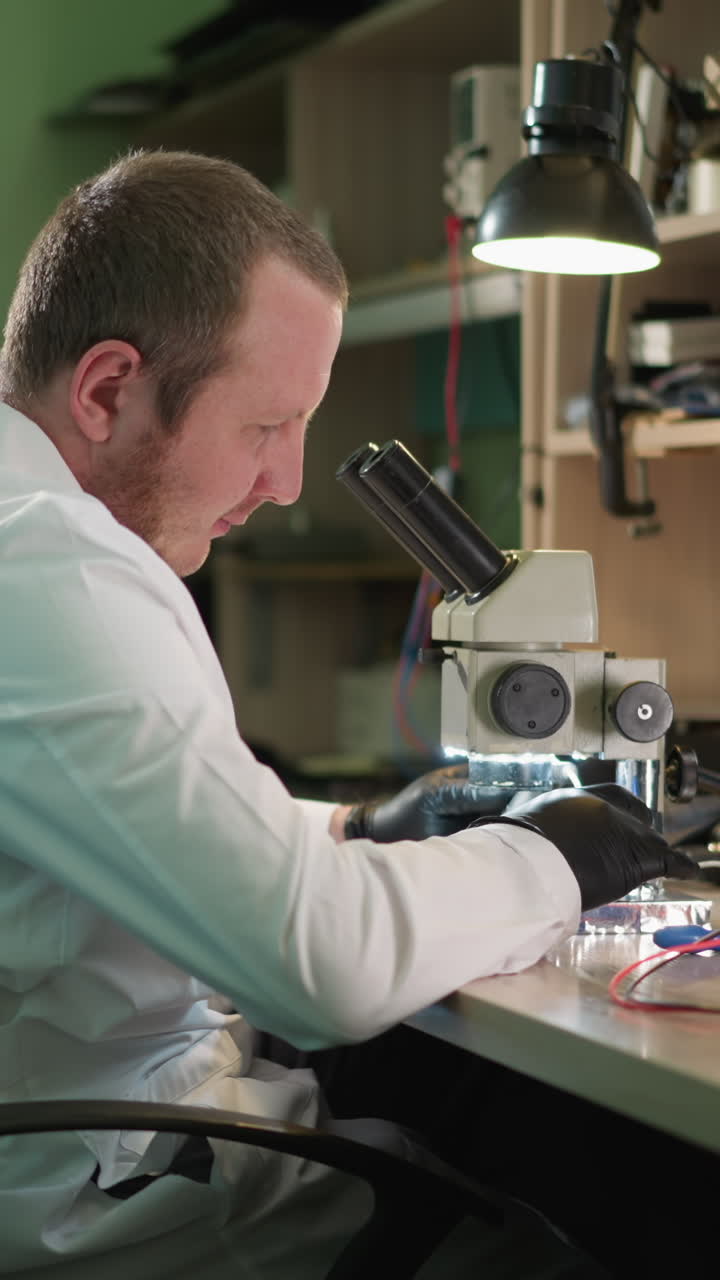 A focused technician in a white lab coat examines a circuit under a ...