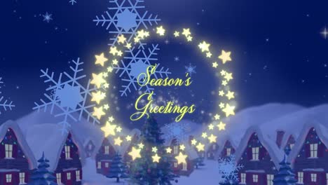 Animation-of-christmas-greetings-text-in-fairy-lights-frame-over-christmas-winter-scenery