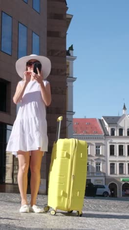 vertical video a slim young girl in a cute white dress and hat stands with a yellow suitcase in the old city. a french woman tourist takes a photo of the architecture of the old beautiful city
