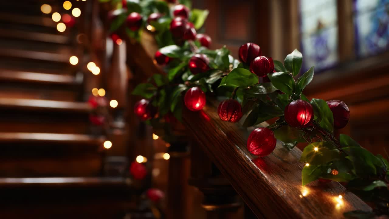 Festive Decor on Staircase: A Vibrant Showcase of Holiday Cheer with Glimmering Ornaments and Lush Greenery Wrapped Around an Elegant Wooden Banister, Capturing the Spirit of the Season