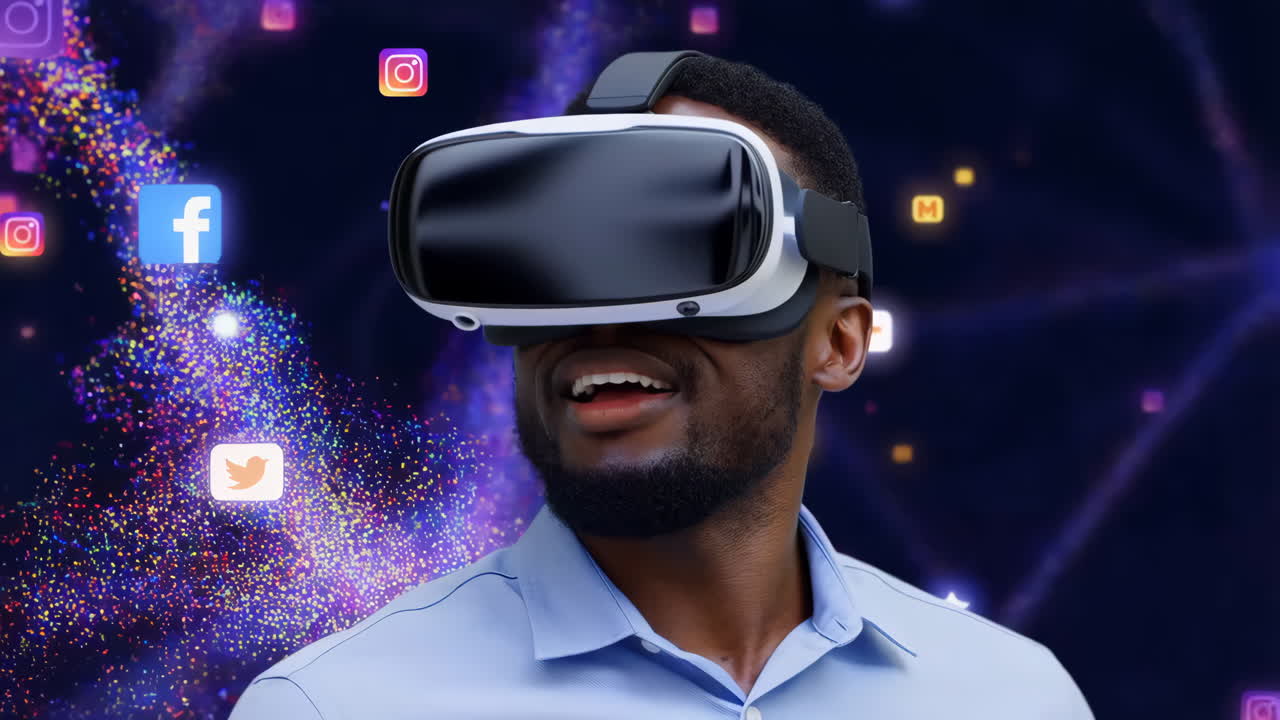 Man explores the metaverse with a VR headset interacting with social media