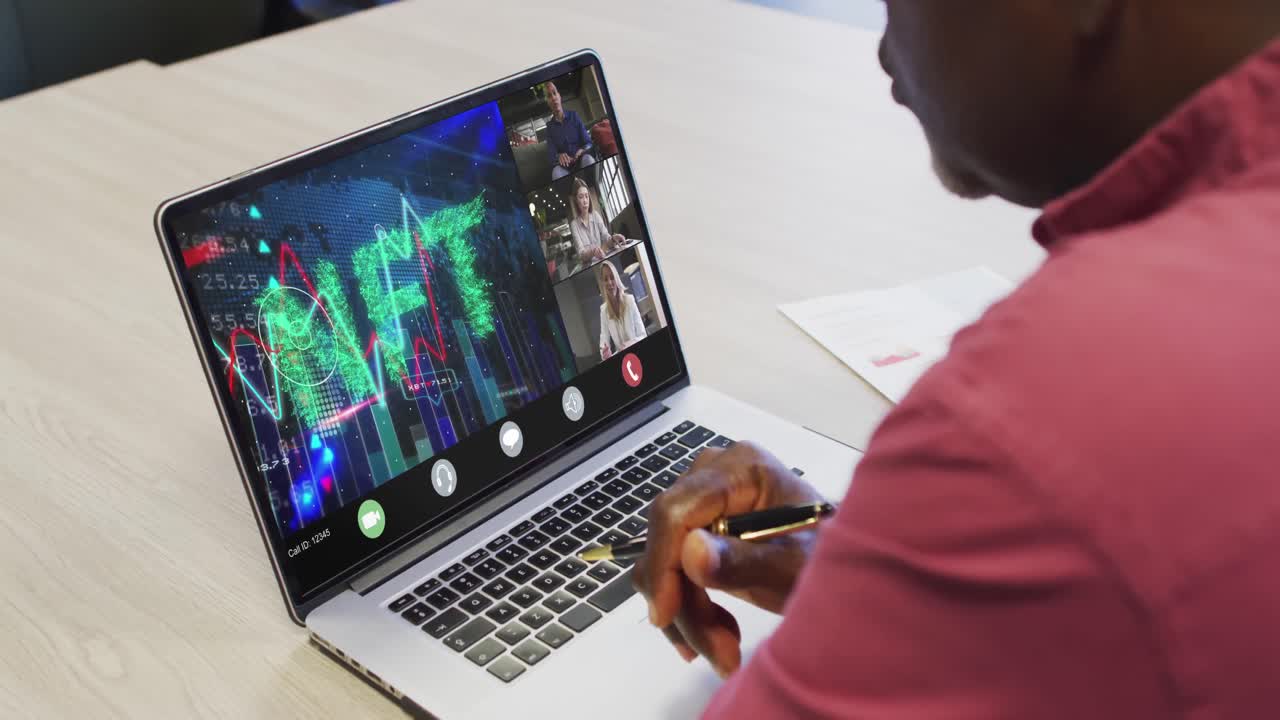 Video of african american man having nft video call on laptop with diverse coworkers
