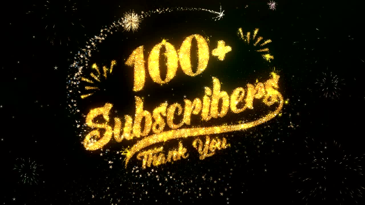 100 가입자 인사 및 소원 카드는 반이는 입자 및 반이는 빛의 어두운 밤 하늘과 다채로운 불꽃놀이 4k 배경으로 만들어졌습니다.