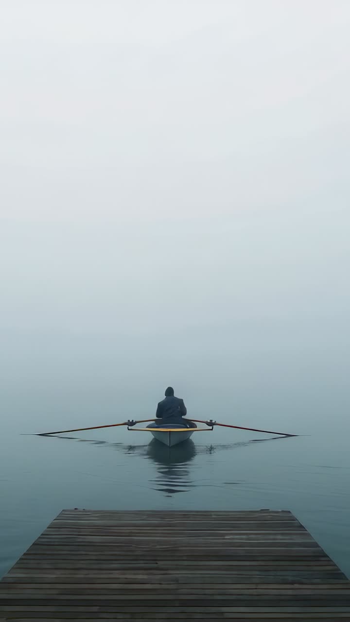 Vertical video: Pushing off wooden dock, hooded rower rowing scull and oars into fog, leaving wake
