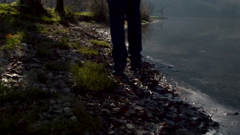 walking by a mountain lake, with a low angle follow cam