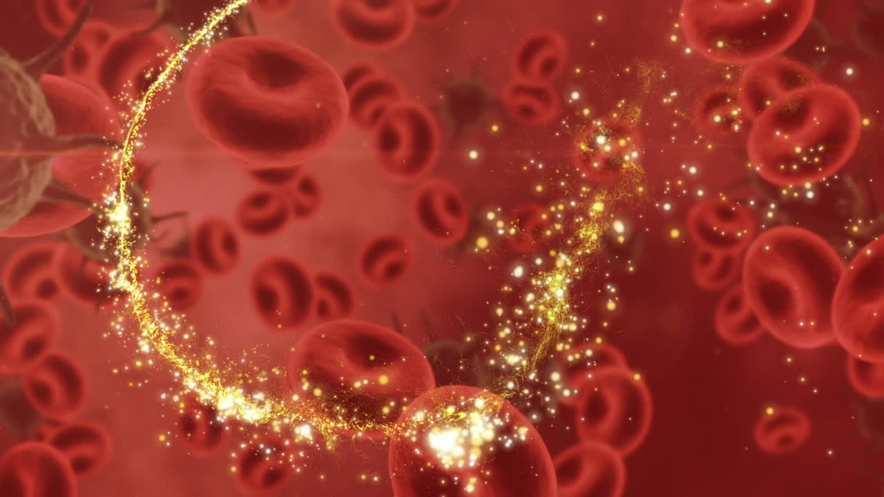 빨간색 배경에 움직이는 세포 위에 빛의 흔적의 애니메이션
