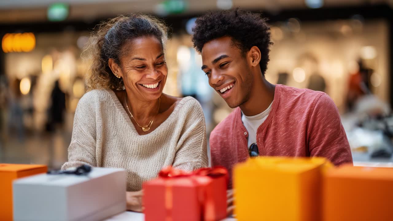 Momenti gioiosi di condivisione e risate: una scena commovente di una madre e un figlio che creano un legame con scatole regalo in un centro commerciale, catturando i loro sorrisi e la gioia di stare insieme in un'atmosfera vivace