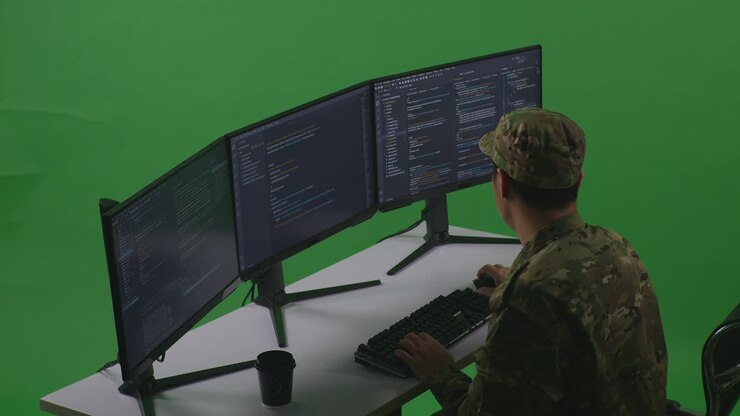 Вид сбоку: азиатский разработчик в военной форме с головной болью, пишущий код на нескольких мониторах в студии хромакей.