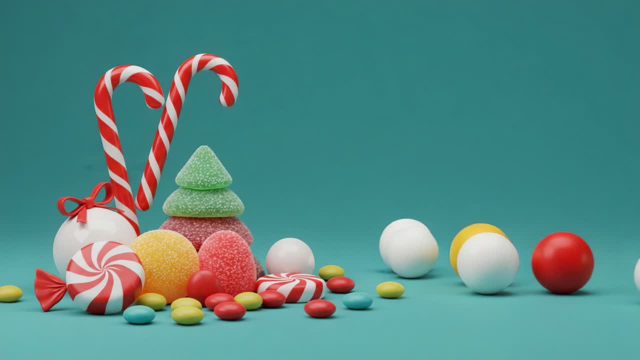 A Colorful Array of Holiday Treats: Candy Canes, Gummies, and Colorful Sweets on a Vibrant Teal Background, Perfect for Celebrating the Joy of Sweet Indulgence