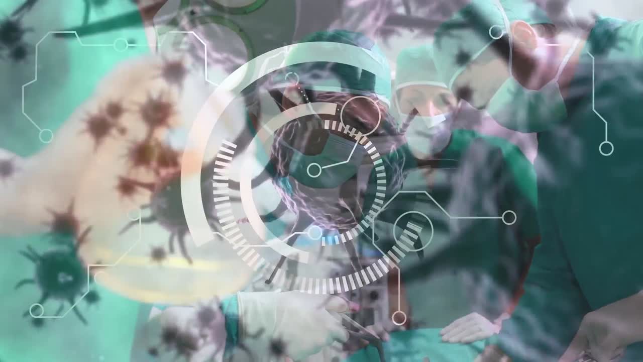 animación del alcance y las células de covid-19 sobre diversos cirujanos que usan máscaras faciales en el quirófano