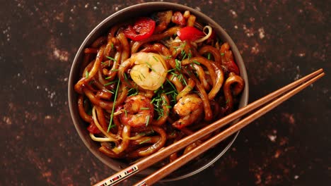 traditional asian udon stir fry noodles with shrimp