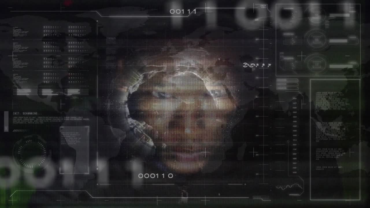 Opening interface starting globe rotation, streaming code, flickering panels, emerging face for ID