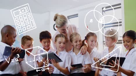 iconos del concepto de matemáticas contra una maestra caucásica que enseña a los estudiantes cómo usar una tableta digital