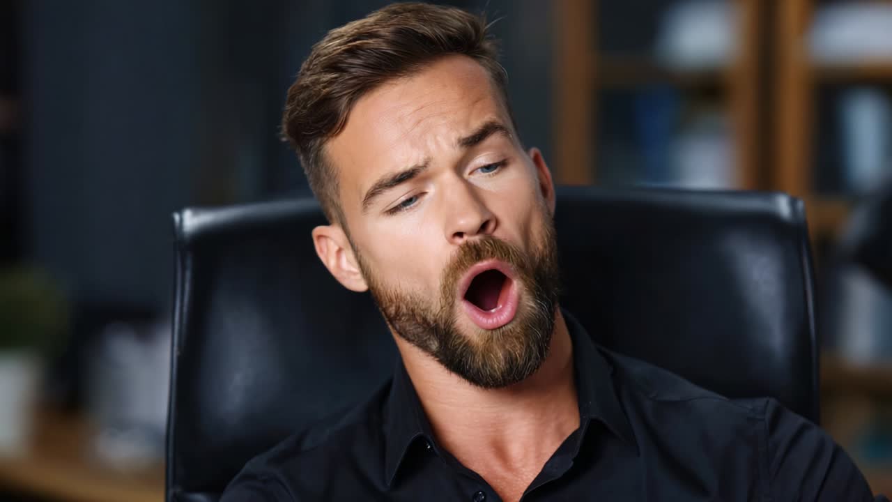 A man in a black shirt expresses a range of emotions, from yawning to smiling broadly, showcasing an interesting transition in feelings while seated in a contemporary office environment