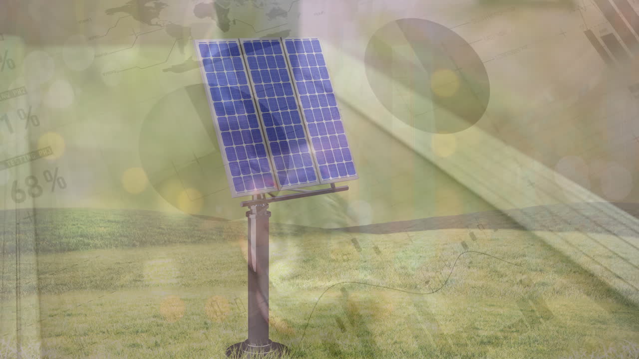 animación de la interfaz infográfica, paneles solares, piernas cortadas de un hombre caucásico caminando en una cinta de correr.