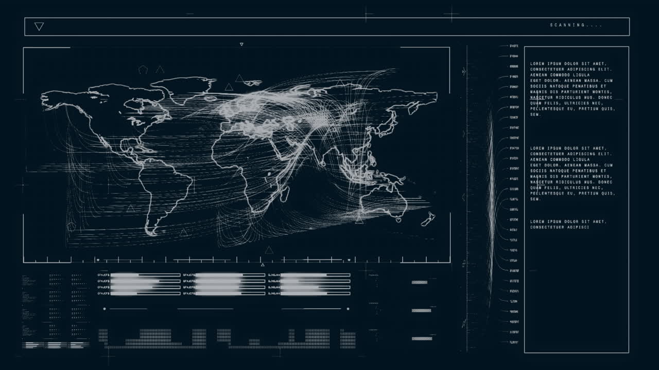 Animation of world map and data processing over black background
