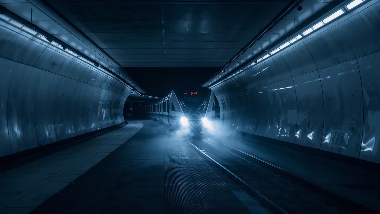 Headlights appearing, metro train moving forward through curved tunnel, illuminating fog and tracks