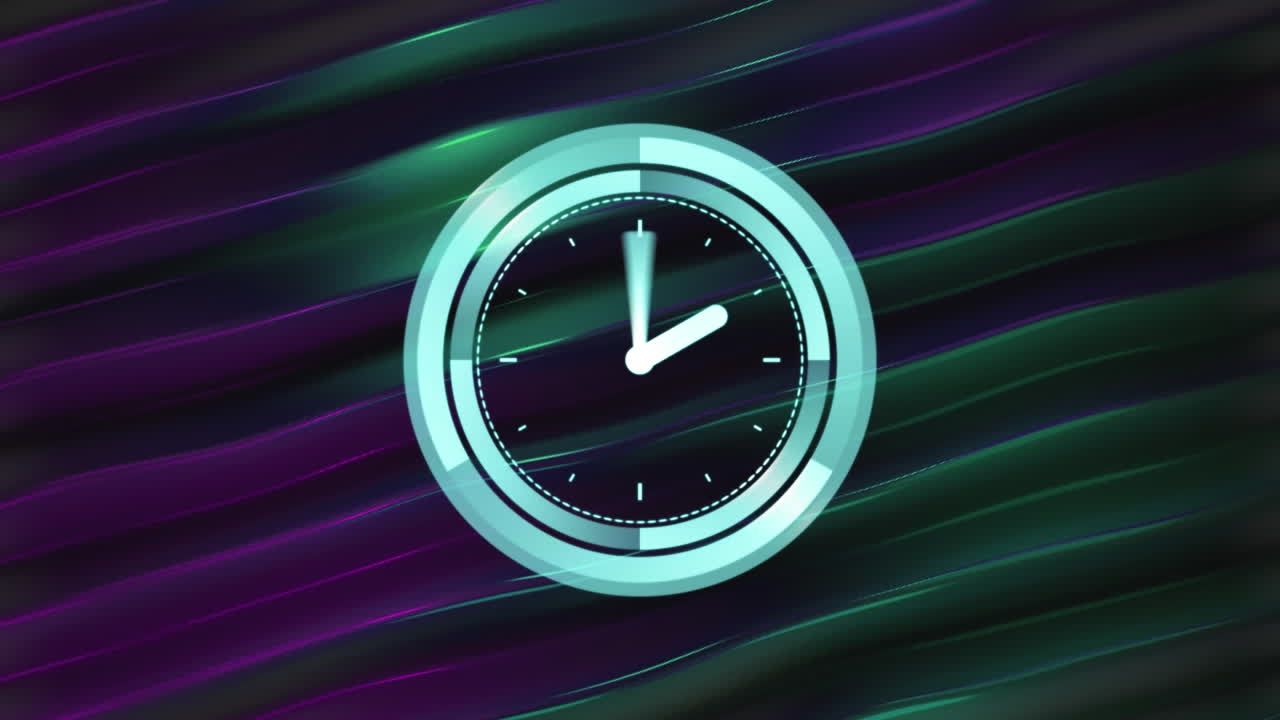 Animation of neon ticking clock over purple and green digital wave against black background