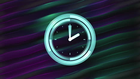 animation of neon ticking clock over purple and green digital wave against black background