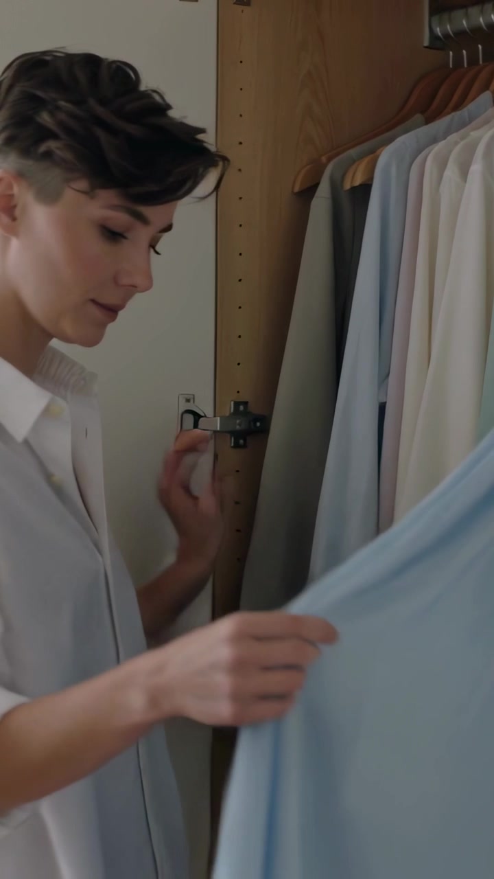 Vertical video: Opening closet, adult in white shirt choosing clothes and pulling light blue shirt