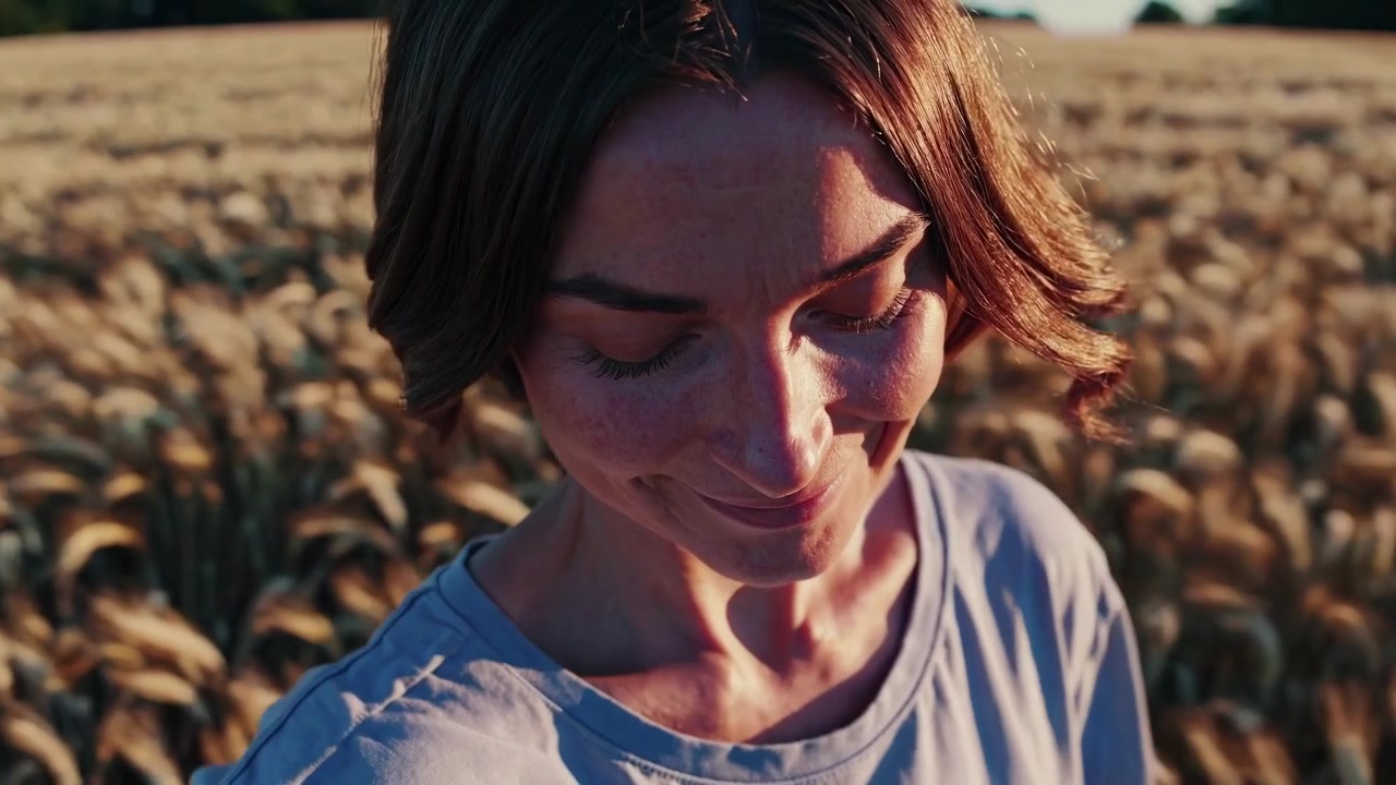Peaceful Woman Smiling in a Golden Wheat Field at Sunset