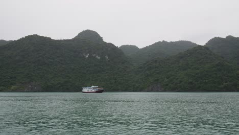 cruise ship with tourists anchored in ha long bay, unesco world heritage site in vietnam